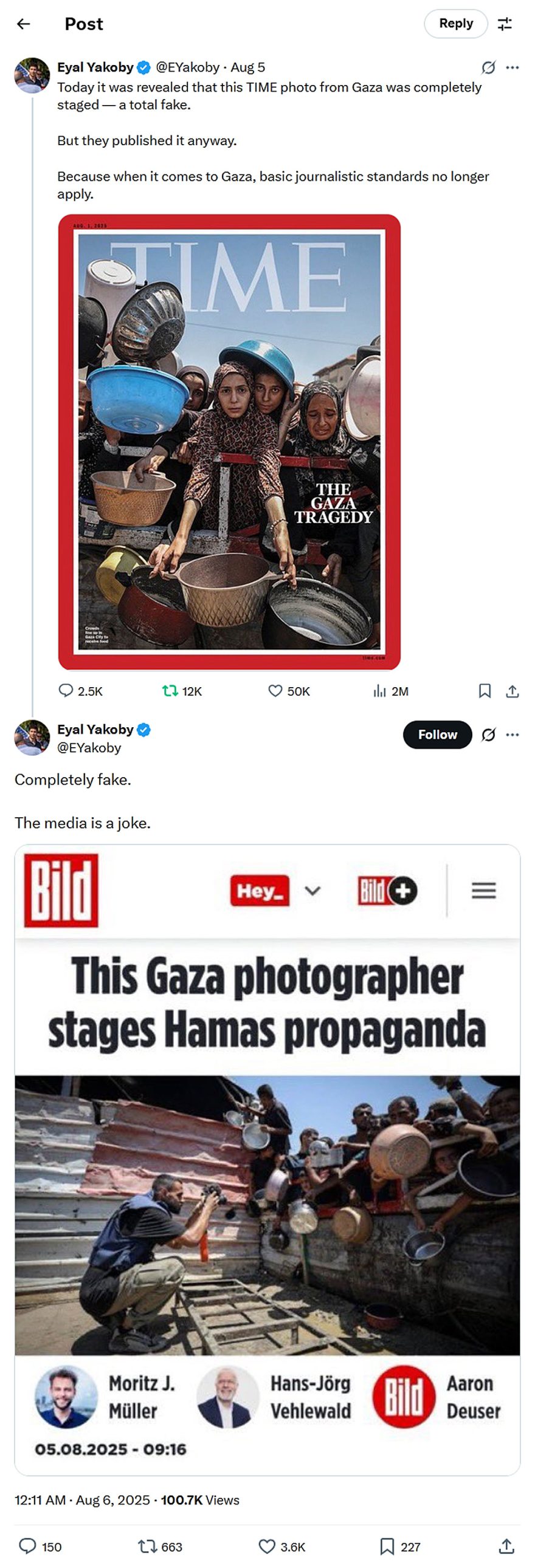 Eyal Yakoby-tweet-5August2025-TIME photo from Gaza was completely staged