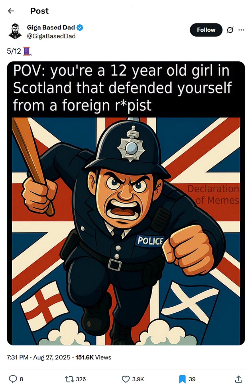 Giga Based Dad-tweet-27August2025-you're a 12 year old girl in Scotland that defended yourself from a foreign rapist