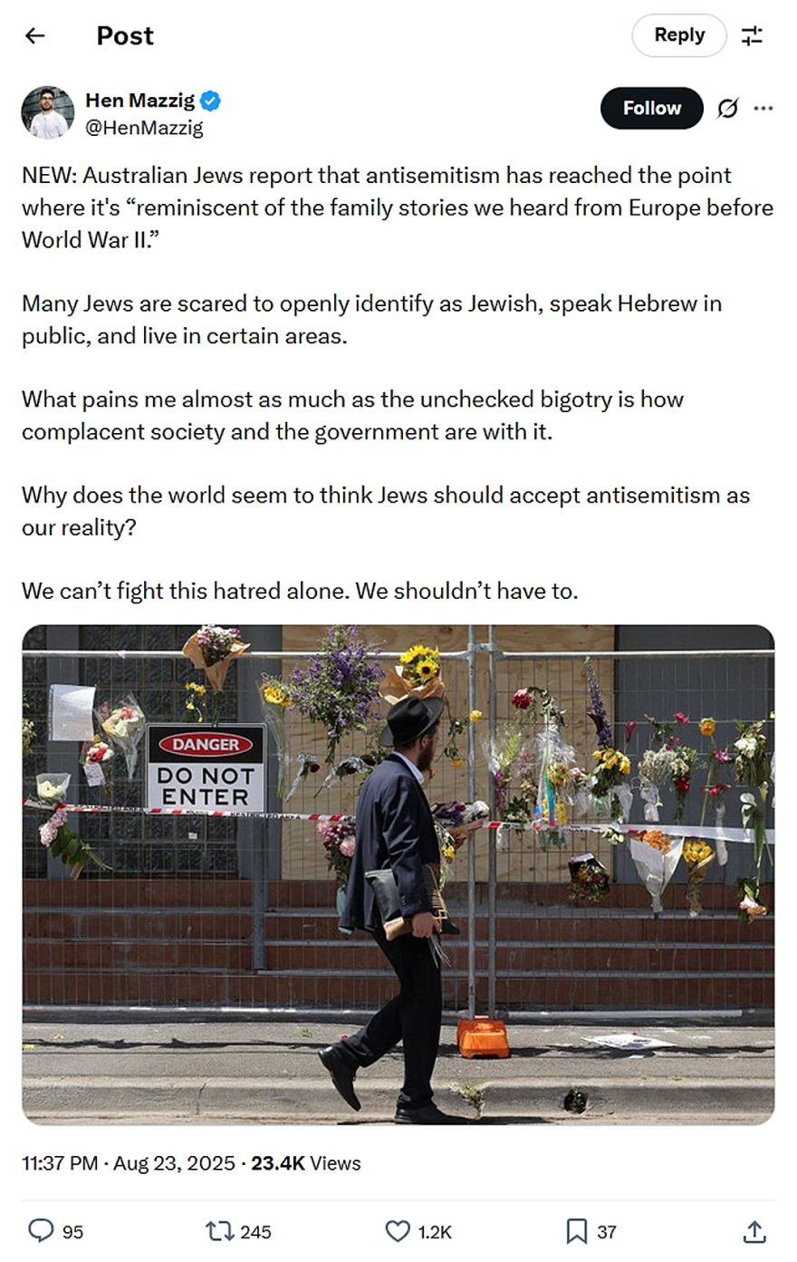 Hen Mazzig-tweet-23August2025-Australian antisemitism like Europe before World War II