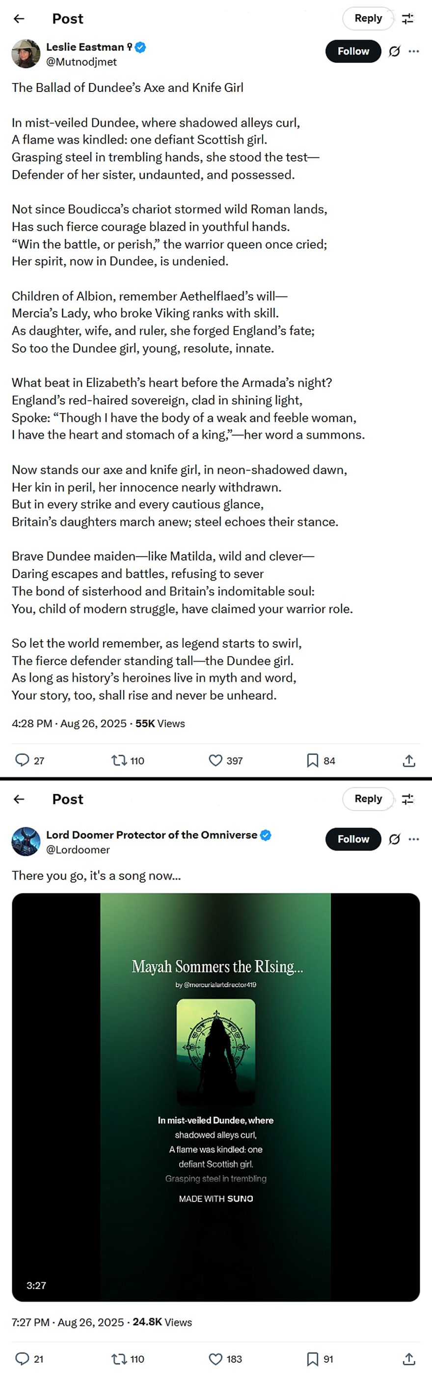 Leslie Eastman-tweet-26August2025-The Ballad of Dundee’s Axe and Knife Girl