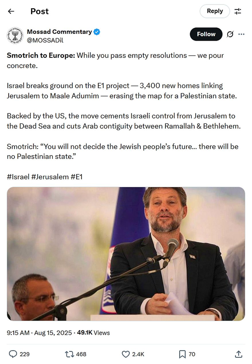 Mossad Commentary-tweet-15August2025-Israel breaks ground on the E1 project