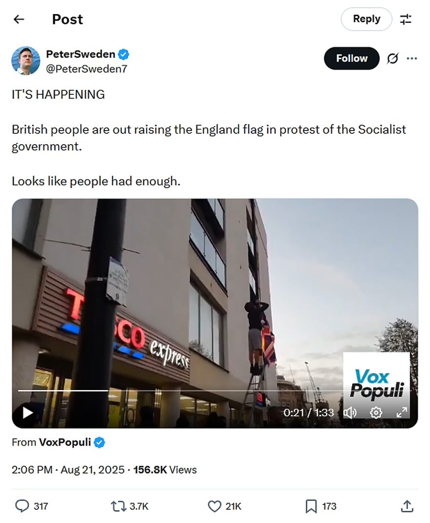 PeterSweden-tweet-21August2025-British people are out raising the England flag