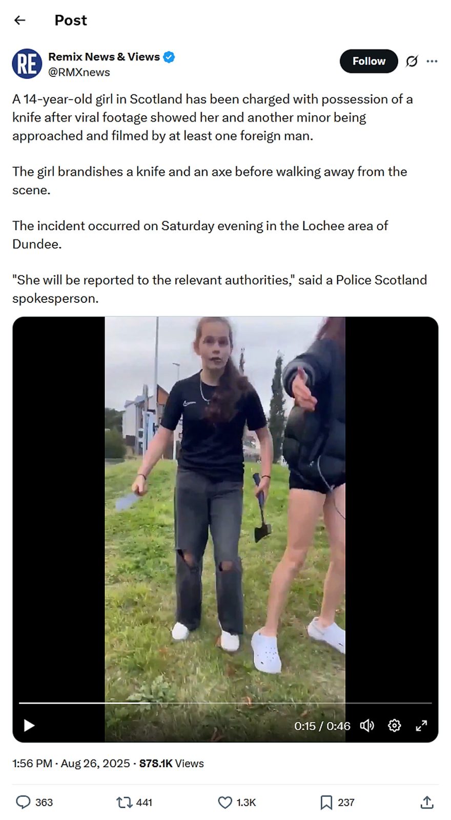 Remix News & Views-tweet-26August2025-Scottish 14-year-old girl defends against Islamic Man