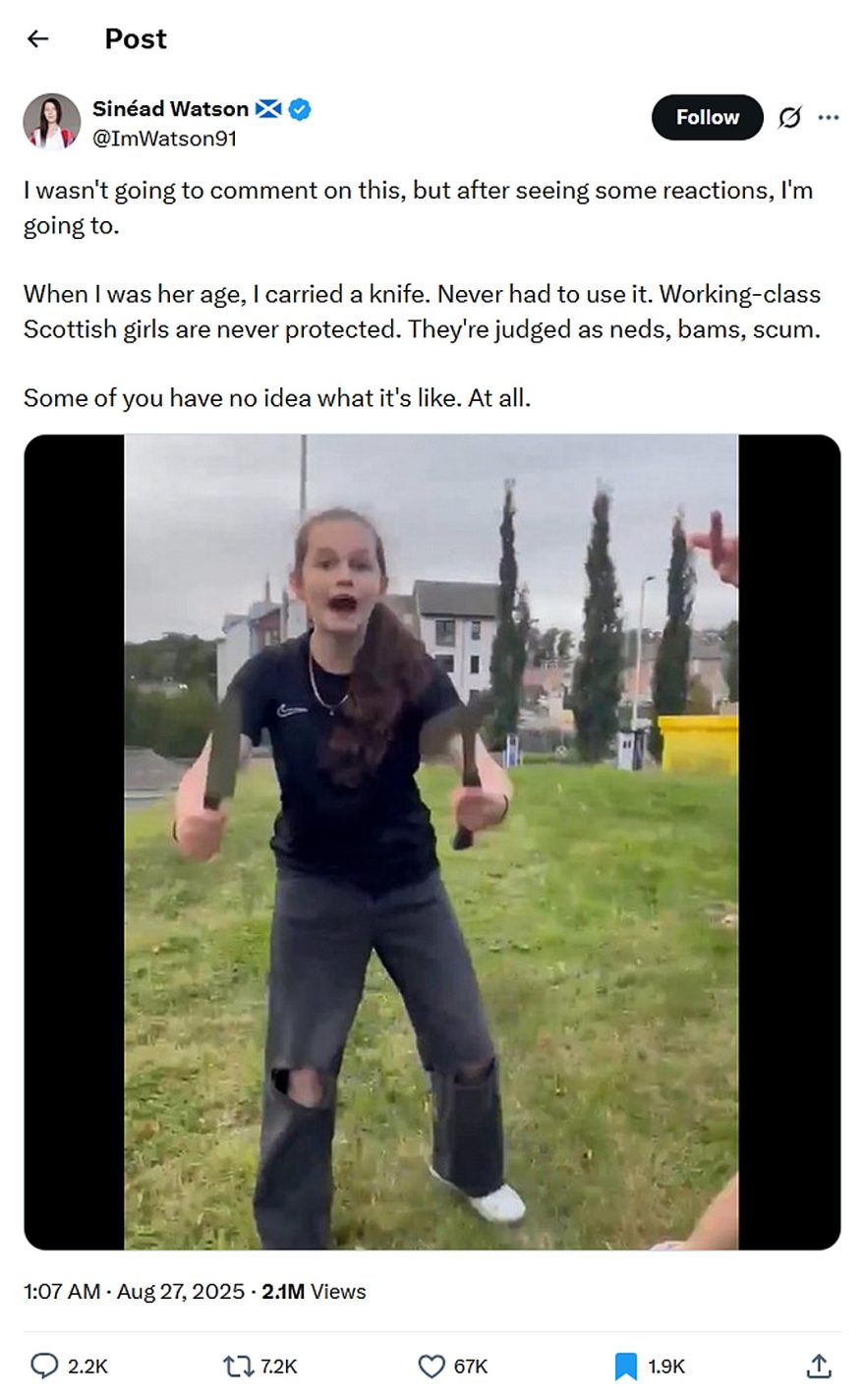 Sinéad Watson-tweet-26August2025-When I was her age I carried a knife