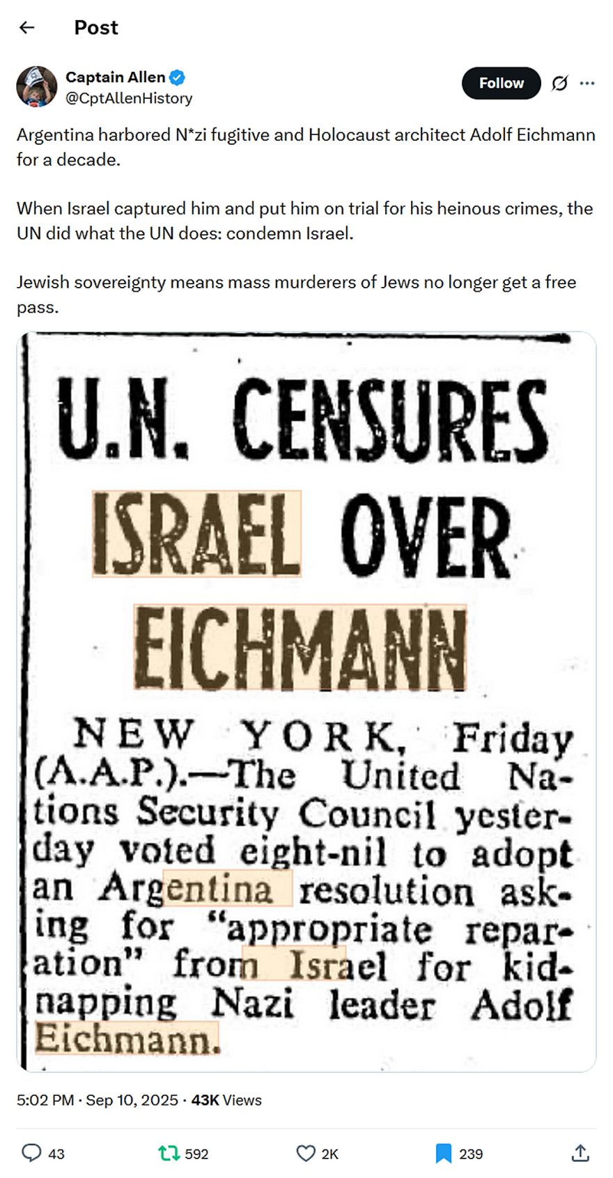 Captain Allen-tweet-10September2025-UN censures Israel over Eichmann