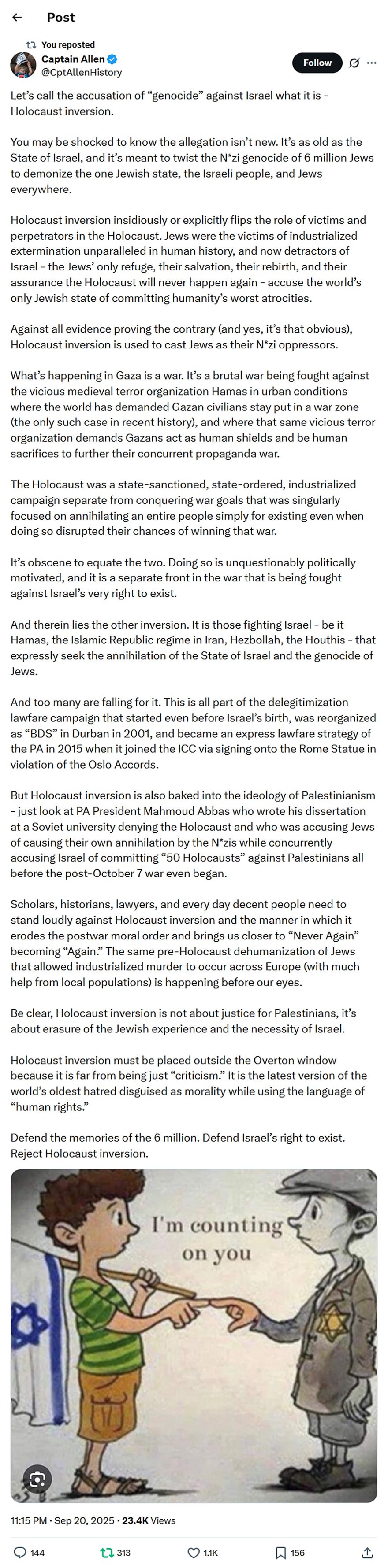 Captain Allen-tweet-20September2025-Holocaust inversion