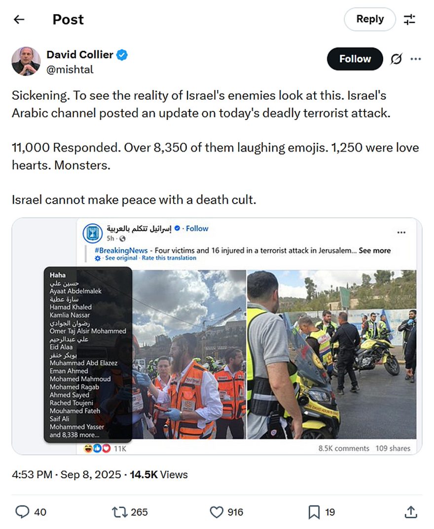David Collier-tweet-8September2025-The reality of Israel's enemies