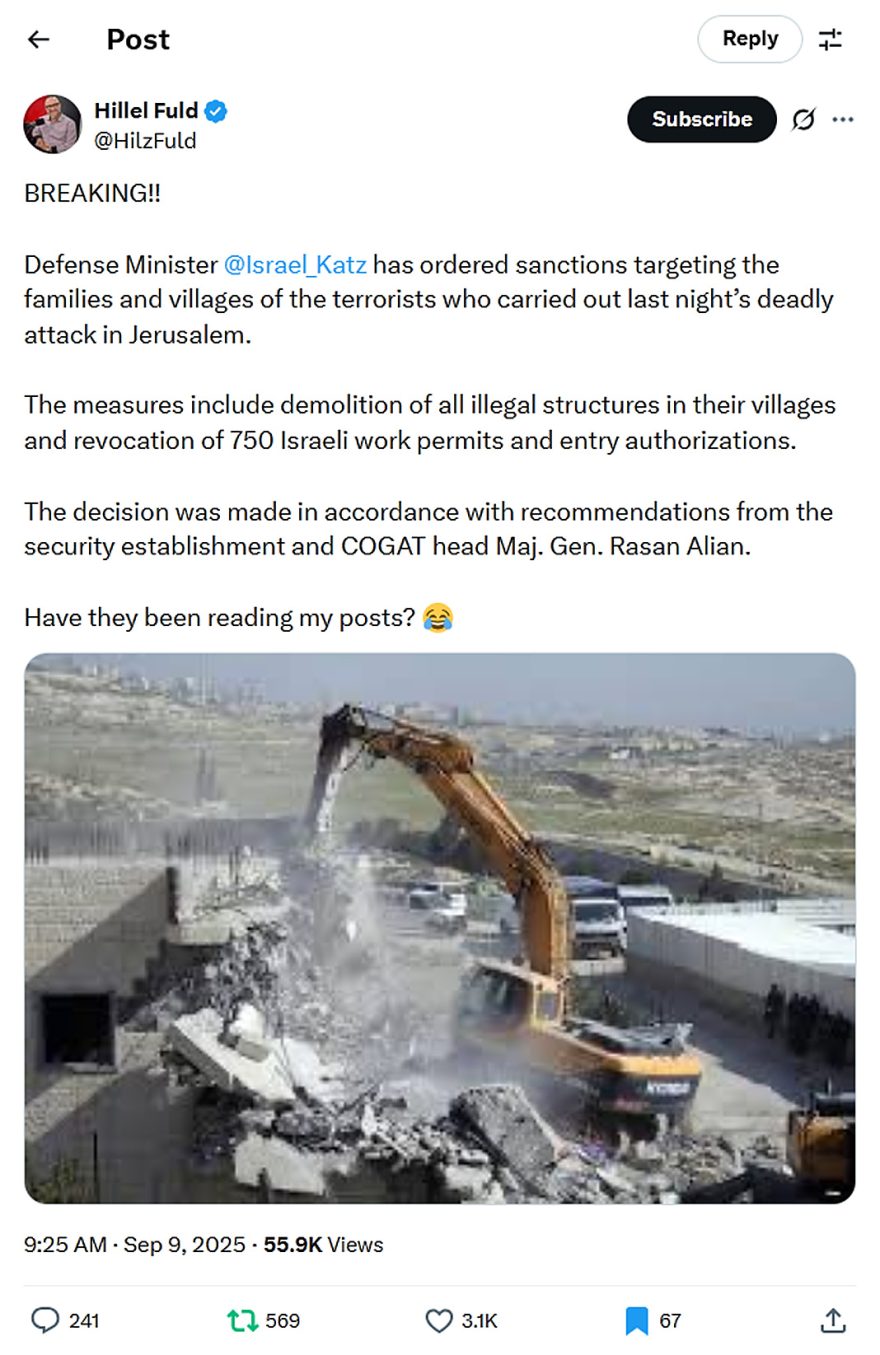 Hillel Fuld-tweet-9September2025-Ramot Junction terror attack 8September2025-FAFO