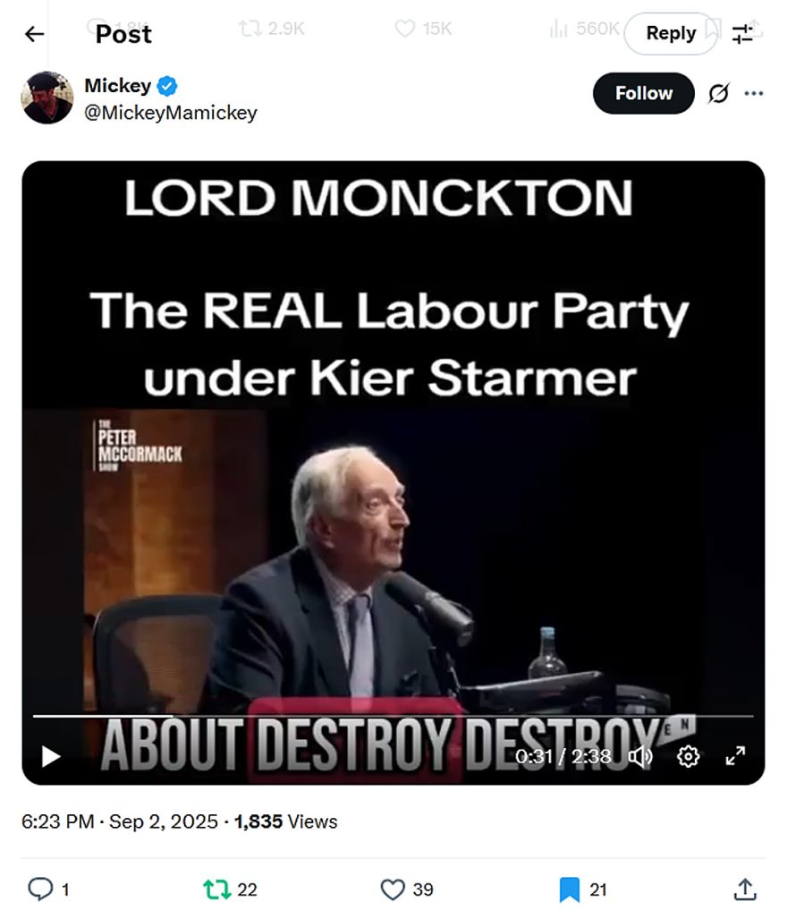 Mickey-tweet-2September2025-The REAL Labour Party under Kier Starmer