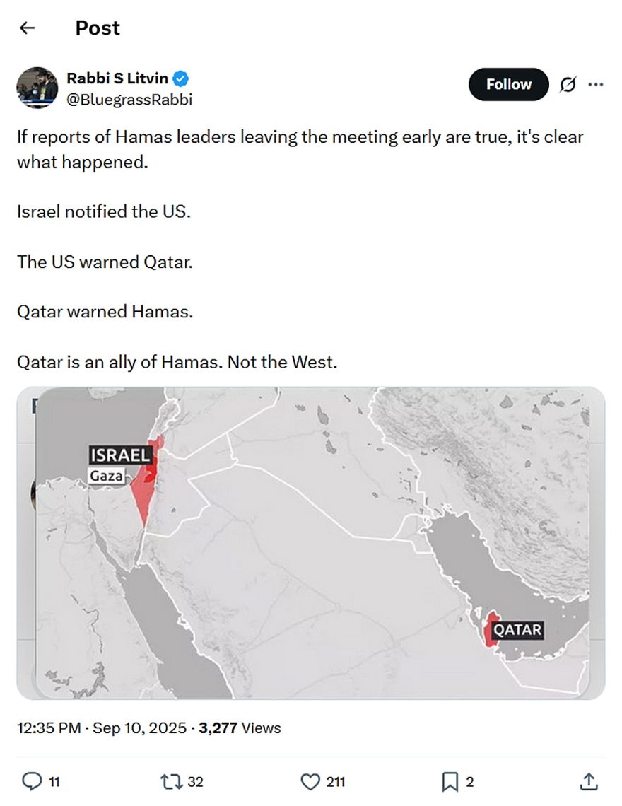 Rabbi S Litvin-tweet-10September2025-Qatar is an ally of Hamas-Not the West