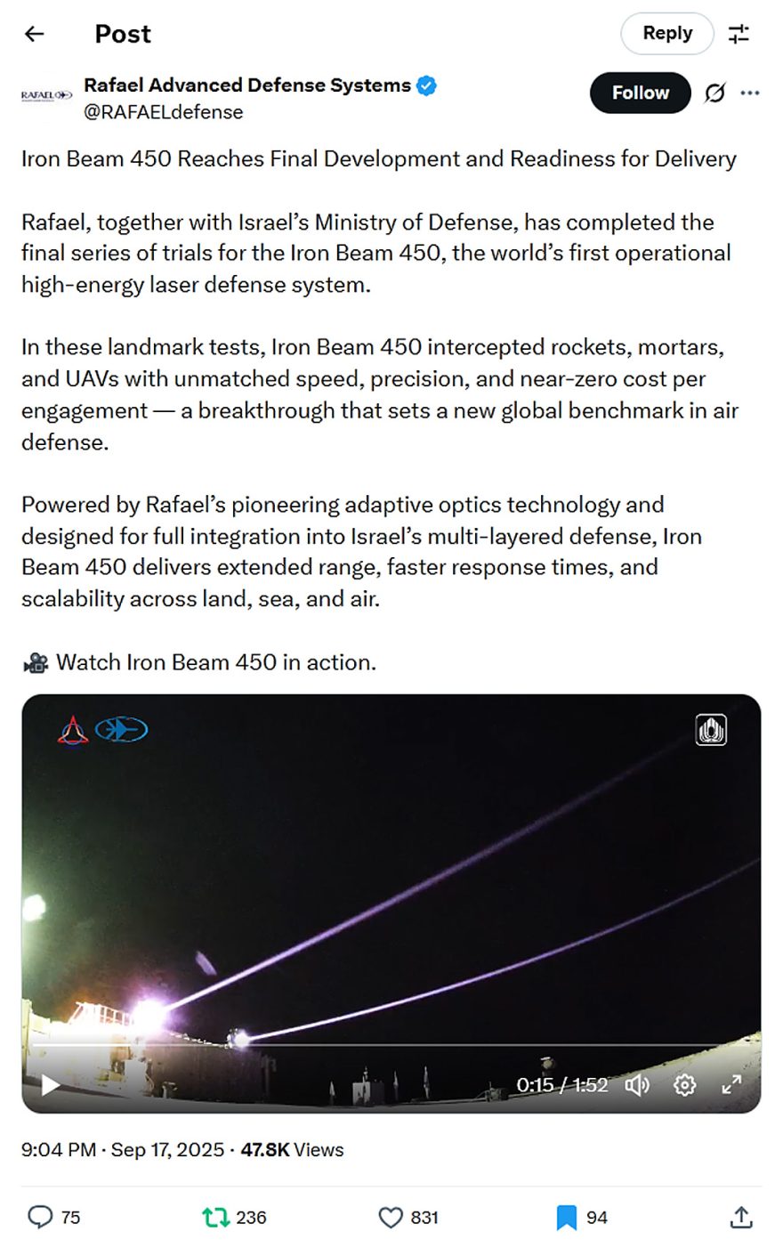 Rafael Advanced Defense Systems-tweet-17September2025-Iron Beam is here