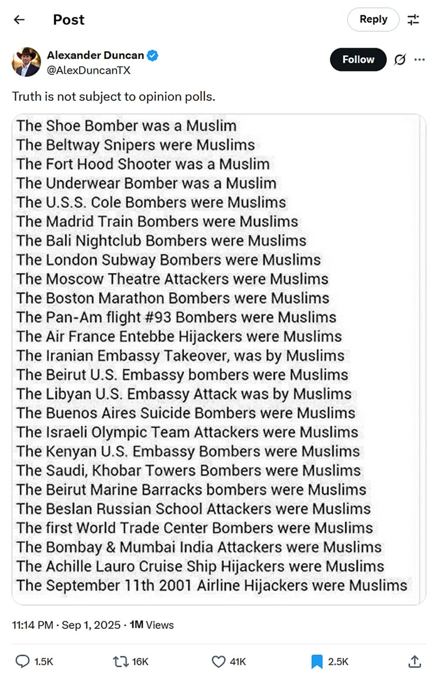 Alexander Duncan-tweet-1September2025-The Bomber was a Muslim