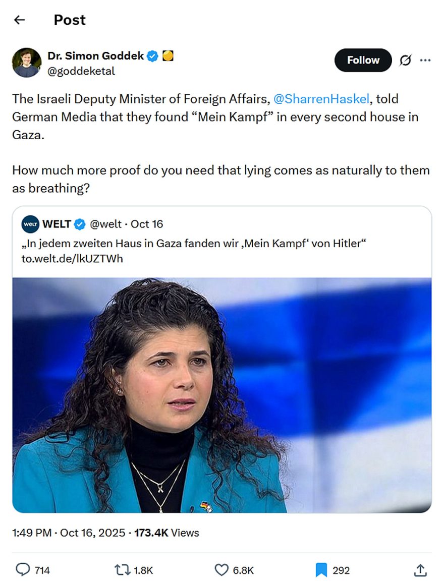 Dr. Simon Goddek-tweet-16October2025-They found Mein Kampf in every second house in Gaza