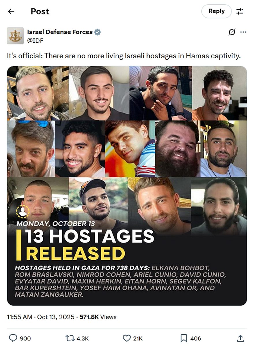 Israel Defense Forces-tweet-13October2025-13 Hostages Released