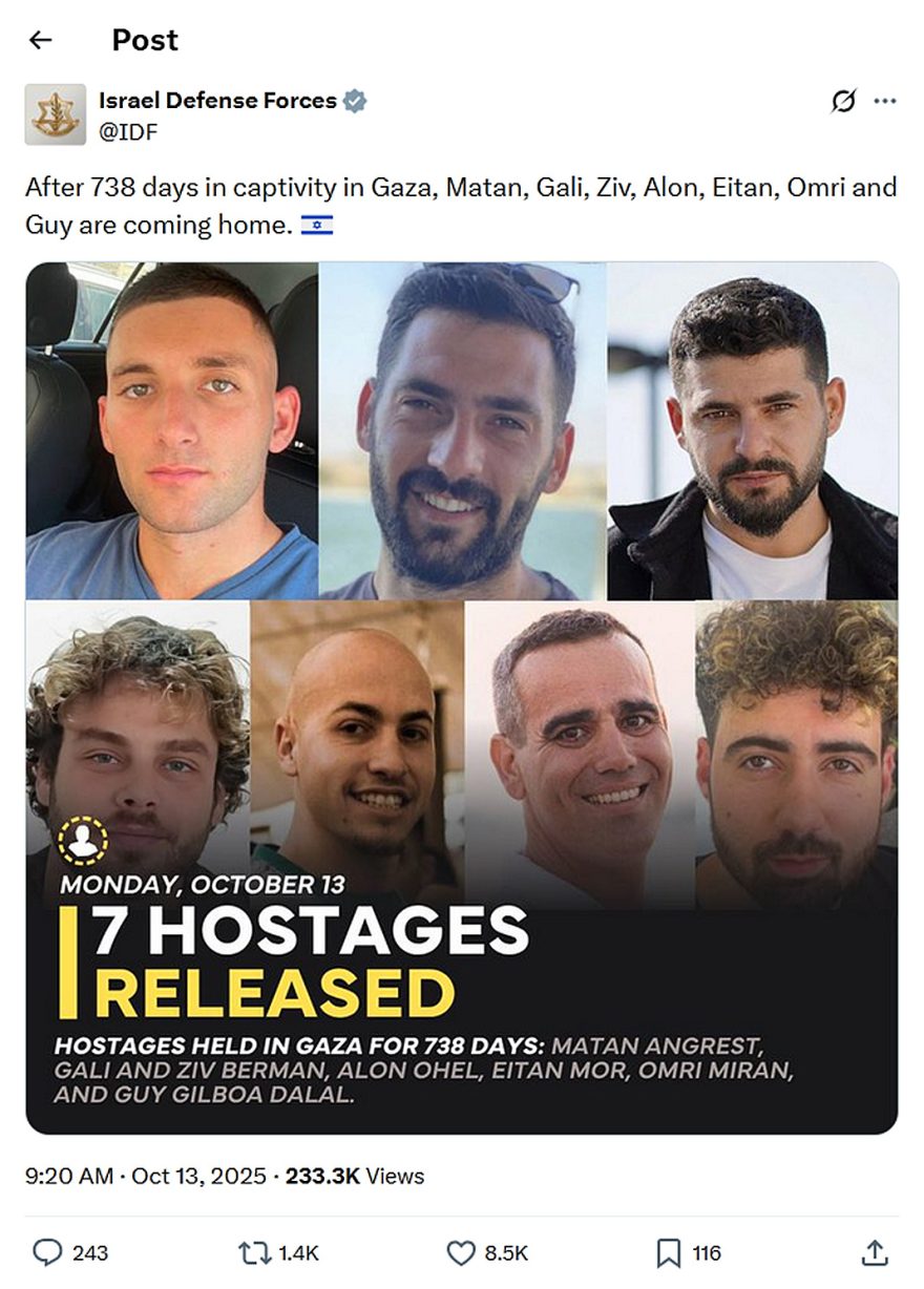 Israel Defense Forces-tweet-13October2025-7 Hostages Released