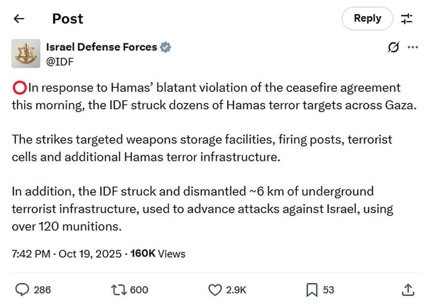 Israel Defense Forces-tweet-19October2025-Hamas violates ceasefire