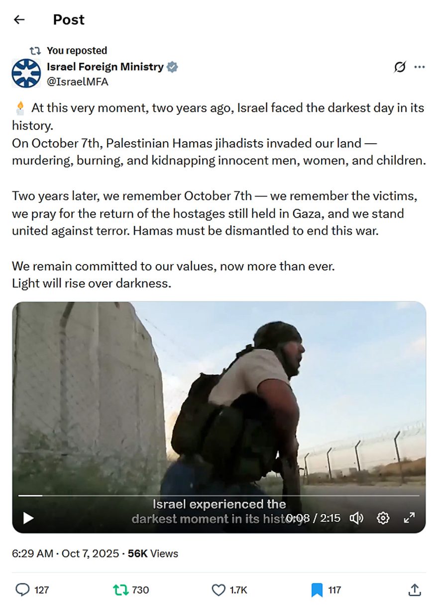 Israel Foreign Ministry-tweet-7October2025-Israel faced the darkest day in its history