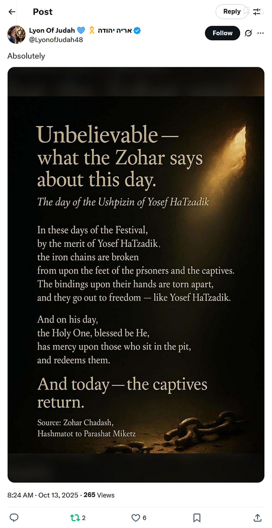 Lyon Of Judah-tweet-13October2025-Hoshana Rabbah-the captives return