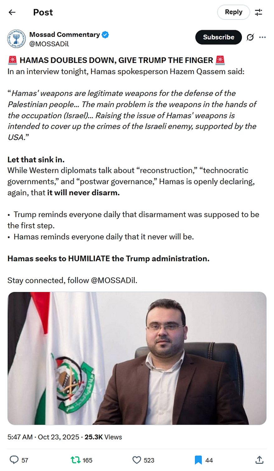 Mossad Commentary-tweet-23October2025-HAMAS DOUBLES DOWN-GIVE TRUMP THE FINGER