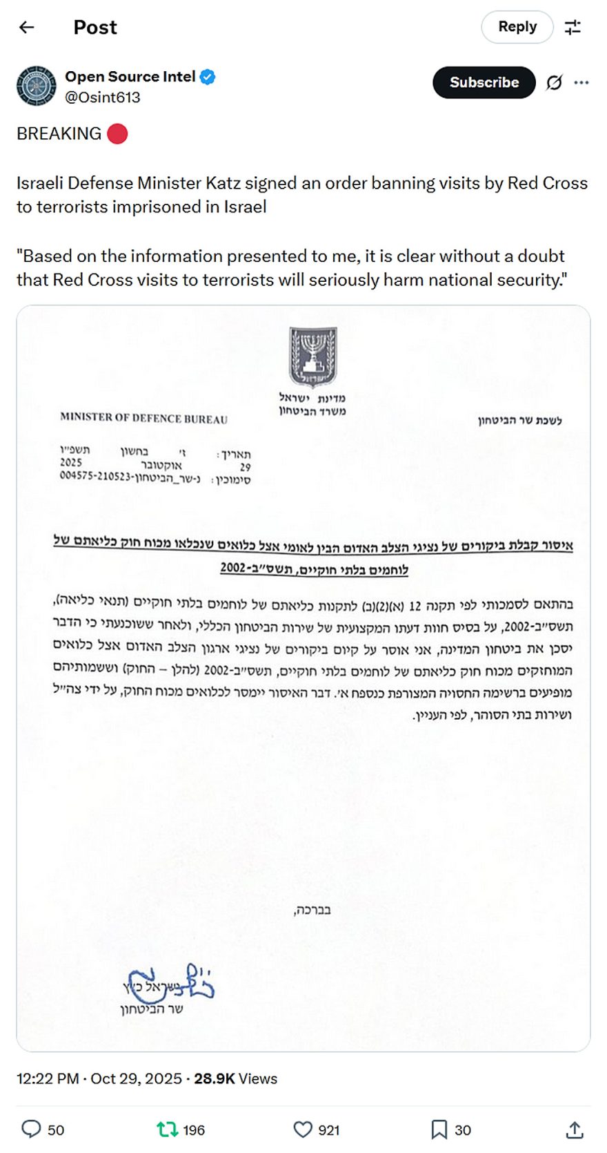 Open Source Intel-tweet-29October2025-Katz signed order banning Red Cross visits to terrorists