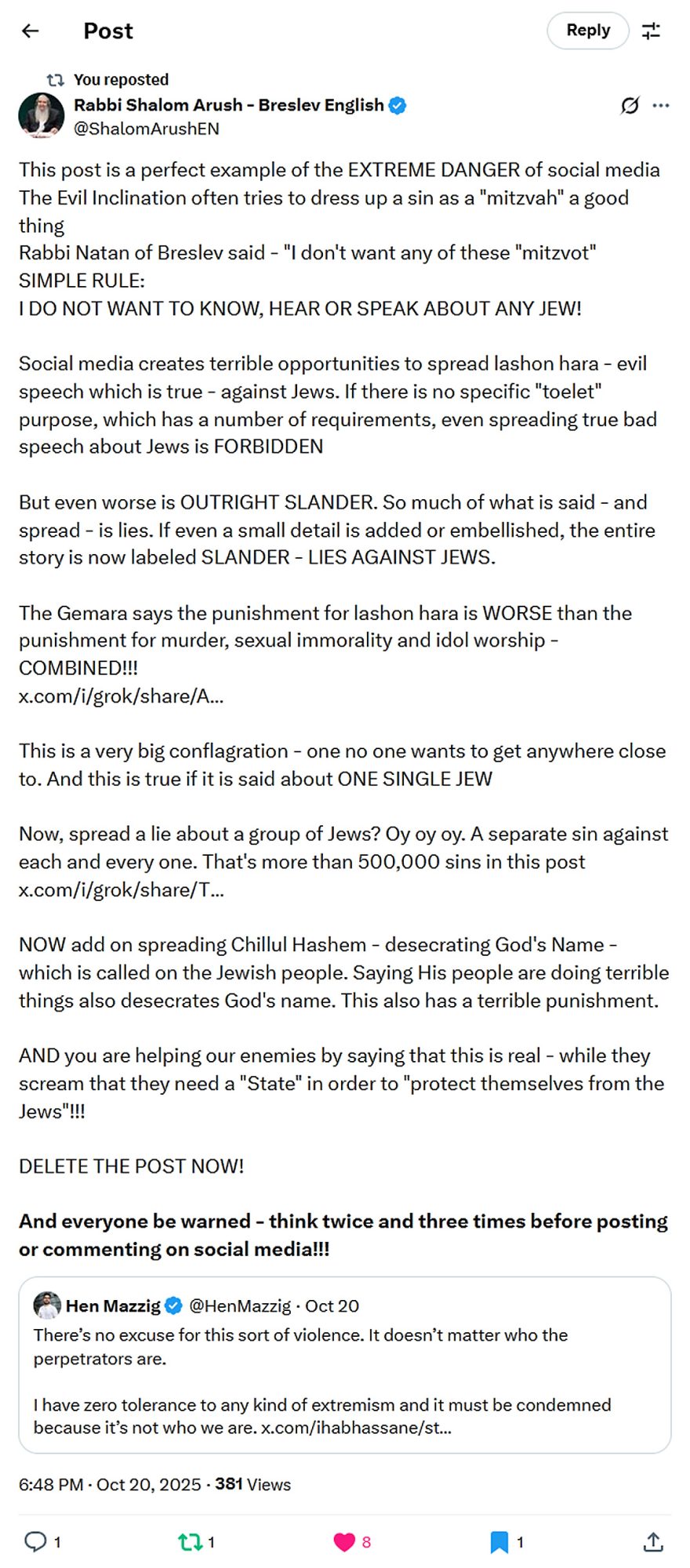 Rabbi Shalom Arush - Breslev English-tweet-20October2025-the extreme danger of social media