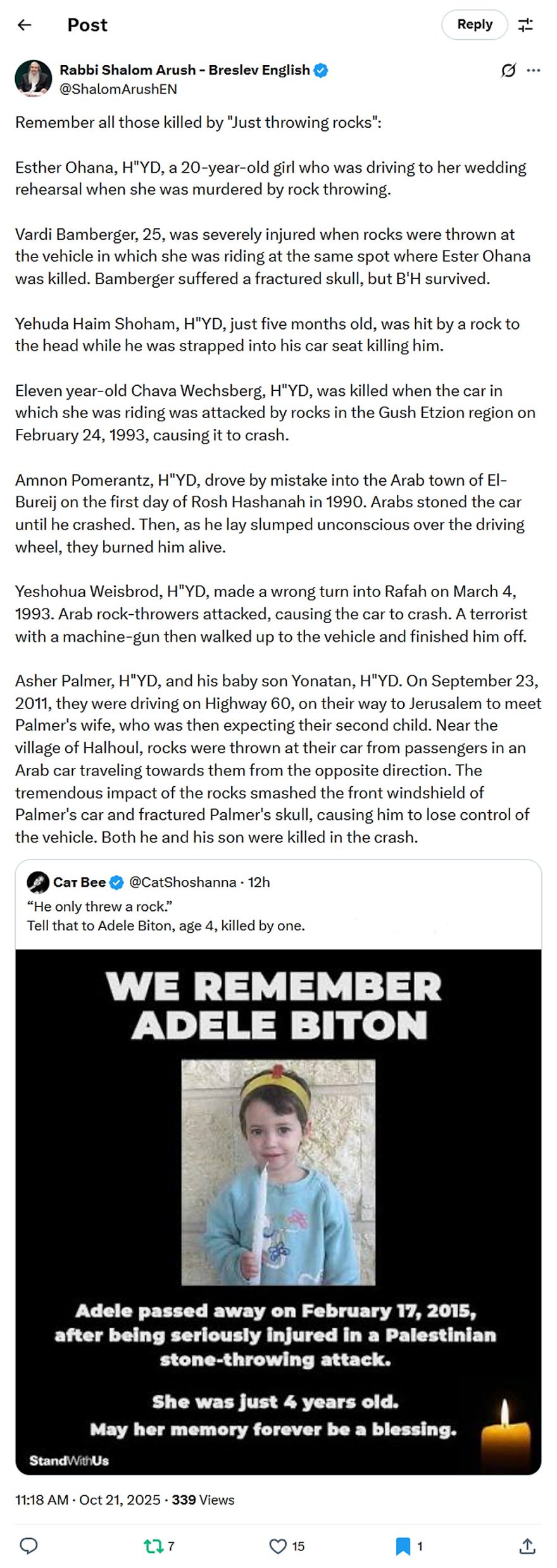 Rabbi Shalom Arush - Breslev English-tweet-21October2025-Remember all those killed by 'Just throwing rocks'