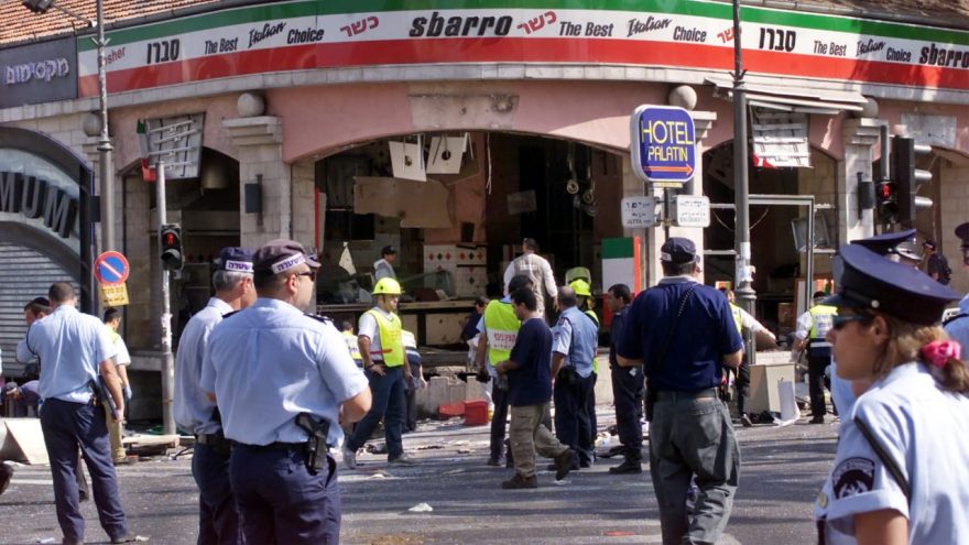 A gaping hole is left in the shop front of the Sbarro pizzeria after a suicide bombing, August 9, 2001(photo credit: REUTERS)