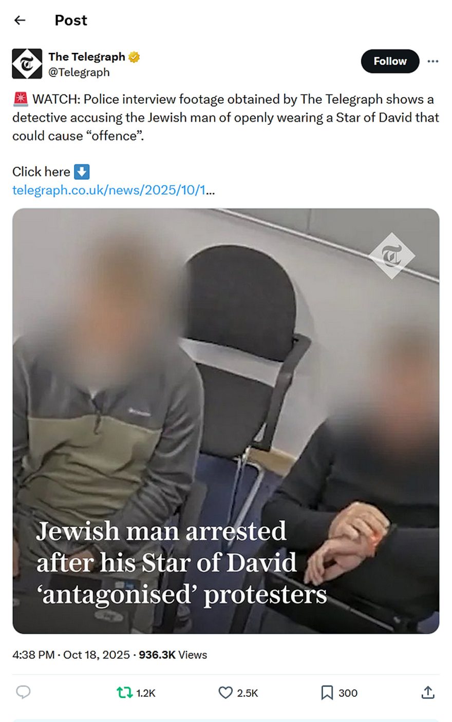 The Telegraph-tweet-18October2025-UK Police arrest Jewish man for wearing a Star of David