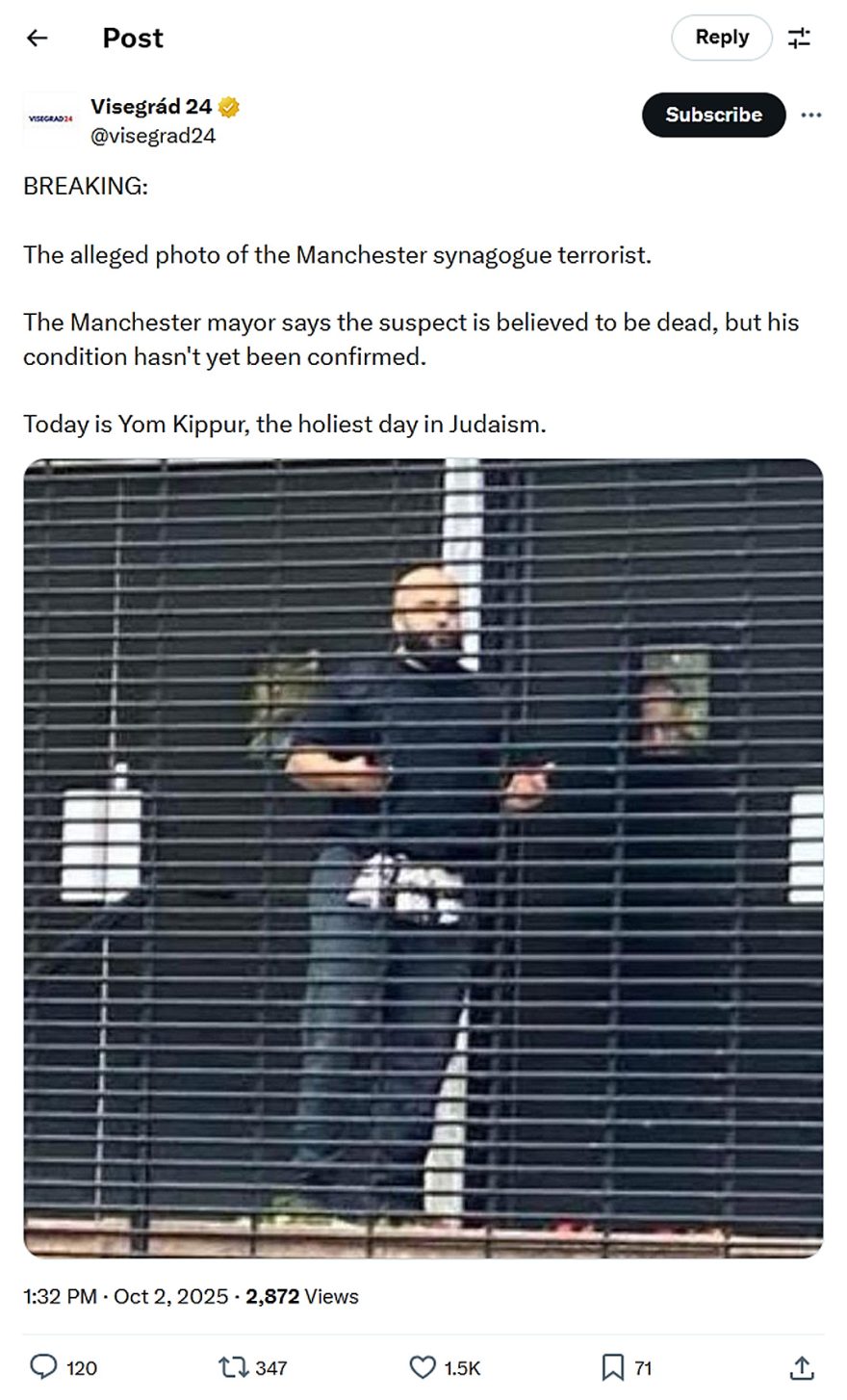 Visegrád 24-tweet-2October2025-Yom Kippur Manchester synagogue terrorist