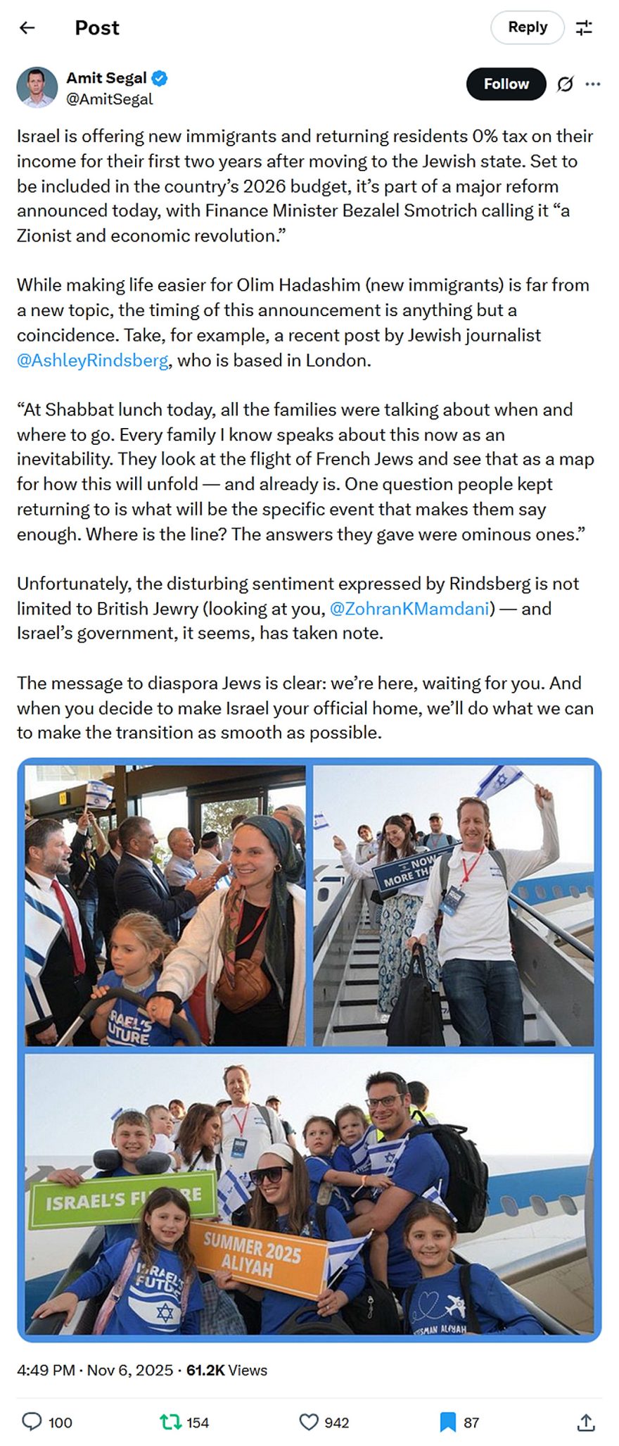 Amit Segal-tweet-6November2025-UK Jews ask When do we leave