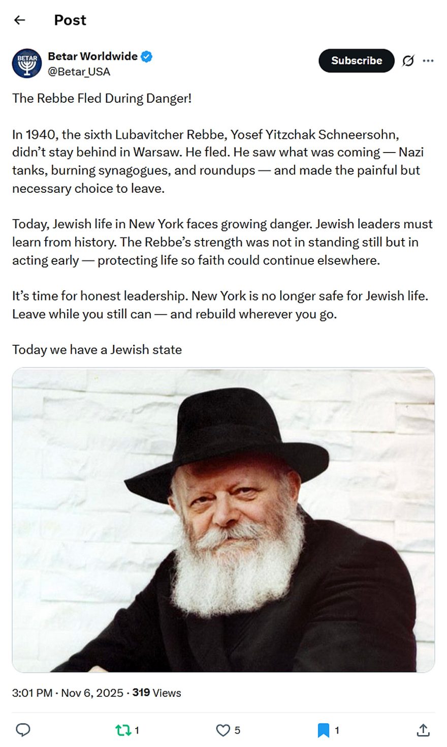 Betar Worldwide-tweet-6November2025-The Rebbe Fled During Danger