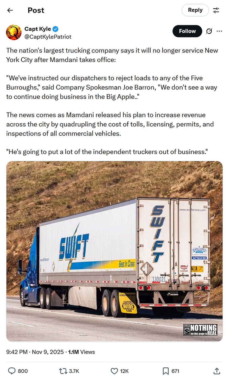 Capt Kyle-tweet-9November2025-NYC-No Trucks No Goods