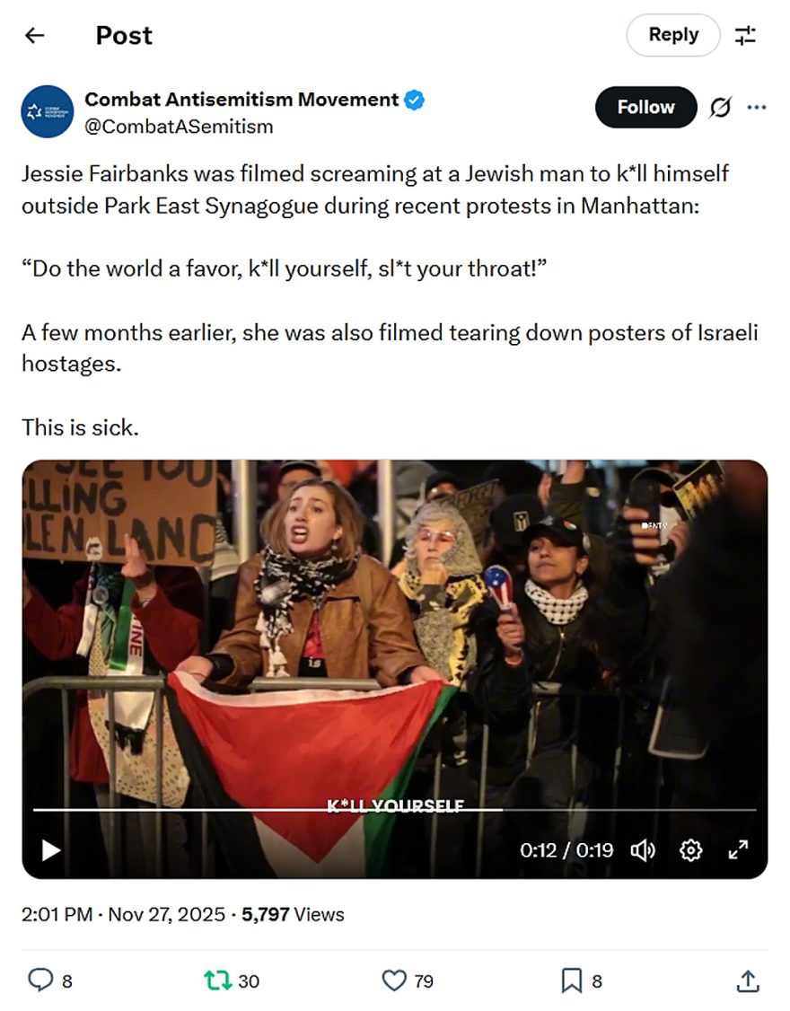 Combat Antisemitism Movement-tweet-27November2025-Violent Antisemitic mob Protest Outside of Park East Synagogue