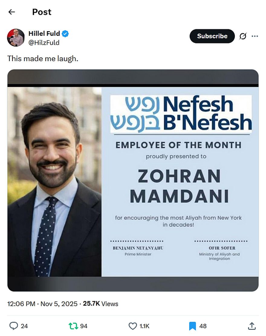 Hillel Fuld-tweet-5November2025-Nefesh B'Nefesh Employee of the Month Zohran Mamdani