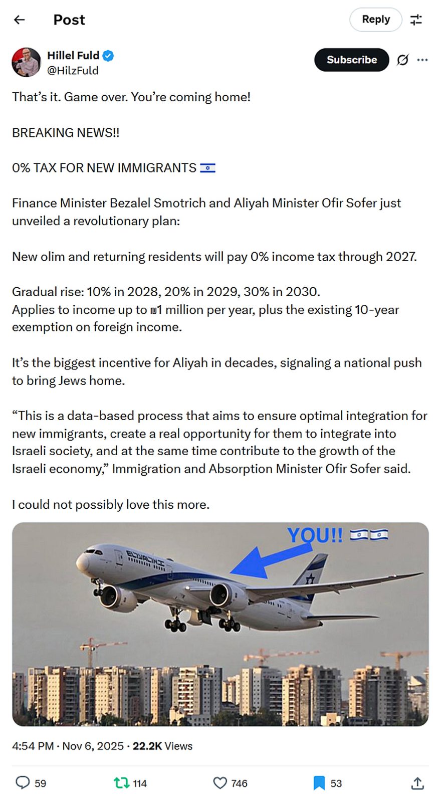 Hillel Fuld-tweet-6November2025-0 tax for new immigrants