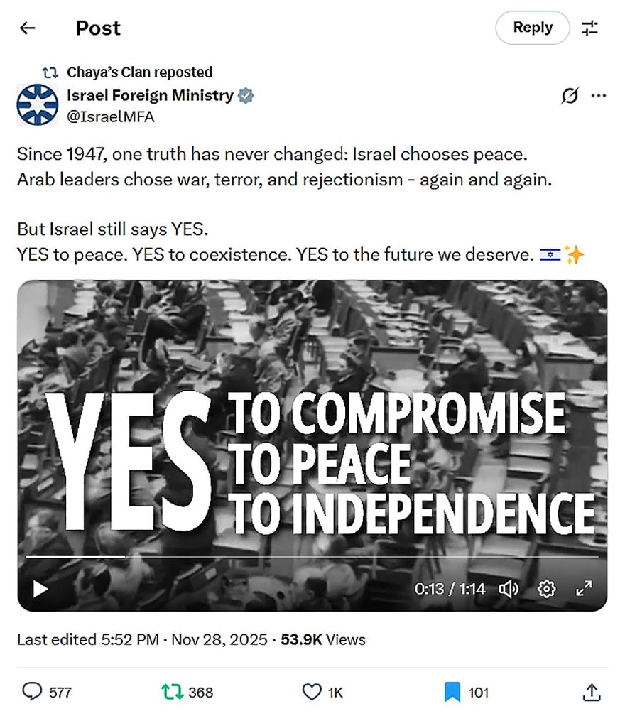 Israel Foreign Ministry-tweet-28November2025-Israel chooses peace-Arabs chose war