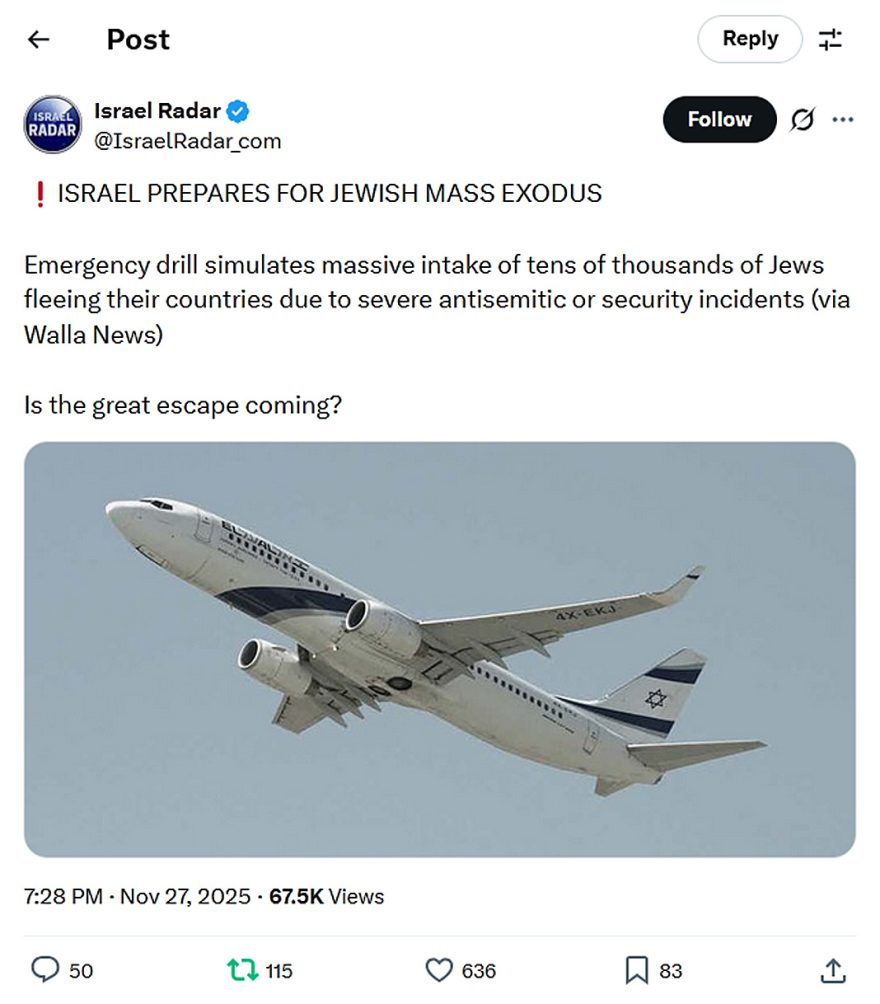 Israel Radar-tweet-27November2025-Israel prepares for Jewish Mass Exodus