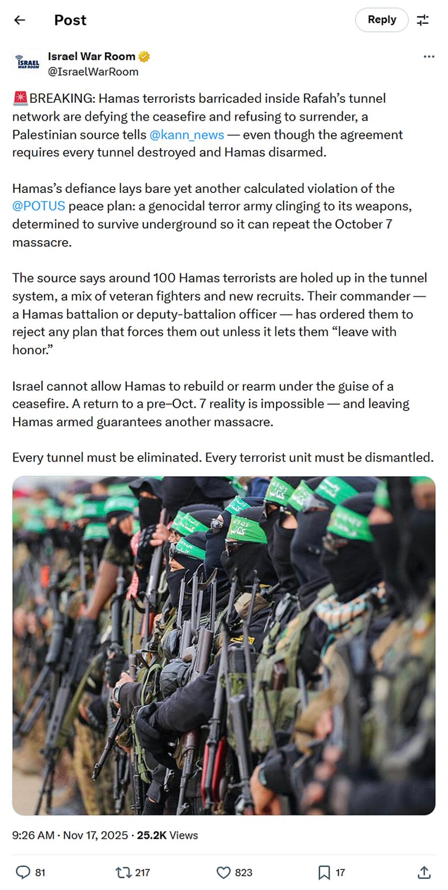 Israel War Room-tweet-17November2025-Hamas terrorists barricaded inside tunnel network are defying the ceasefire