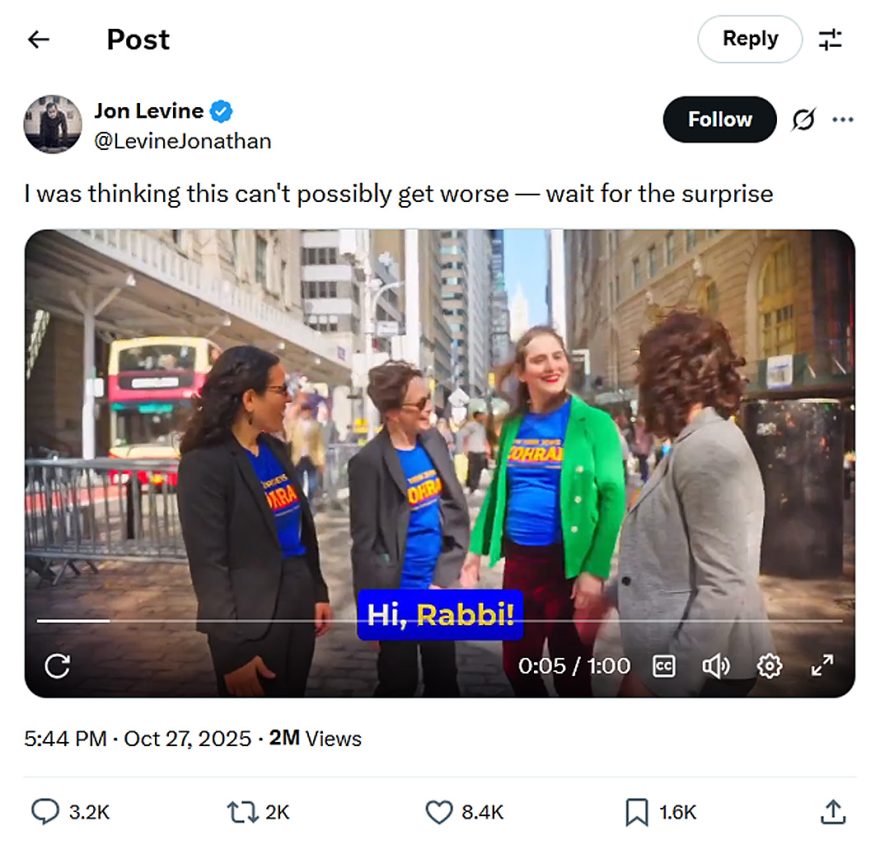 Jon Levine-tweet-27October2025-Fake Women rabbis for Zohran
