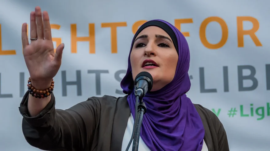 Activist Linda Sarsour, shown here at a demonstration in Manhattan's Foley Square, was an early backer of Mamdani's political aspirations. (Photo by Erik McGregor/LightRocket via Getty Images) (Photo by Erik McGregor/LightRocket via Getty Images)