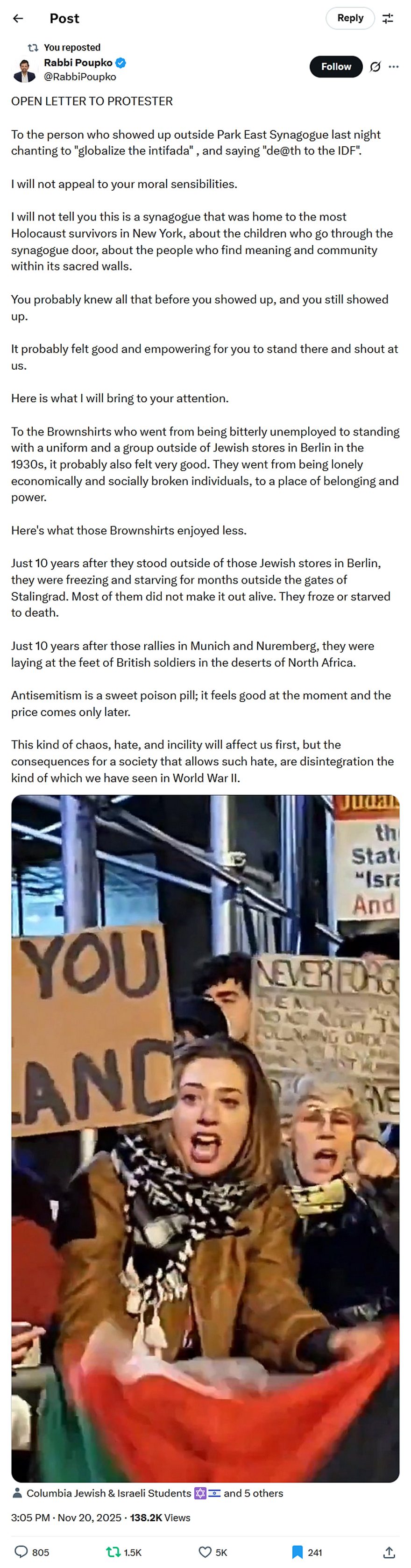 Rabbi Poupko-tweet-20November2025-Antisemitism is a sweet poison pill