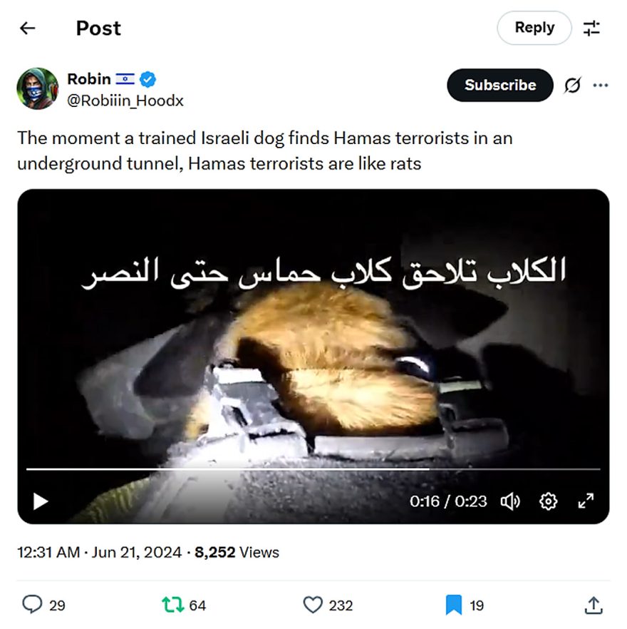 Robin-tweet-20June2024-trained Israeli dog finds Hamas terrorists