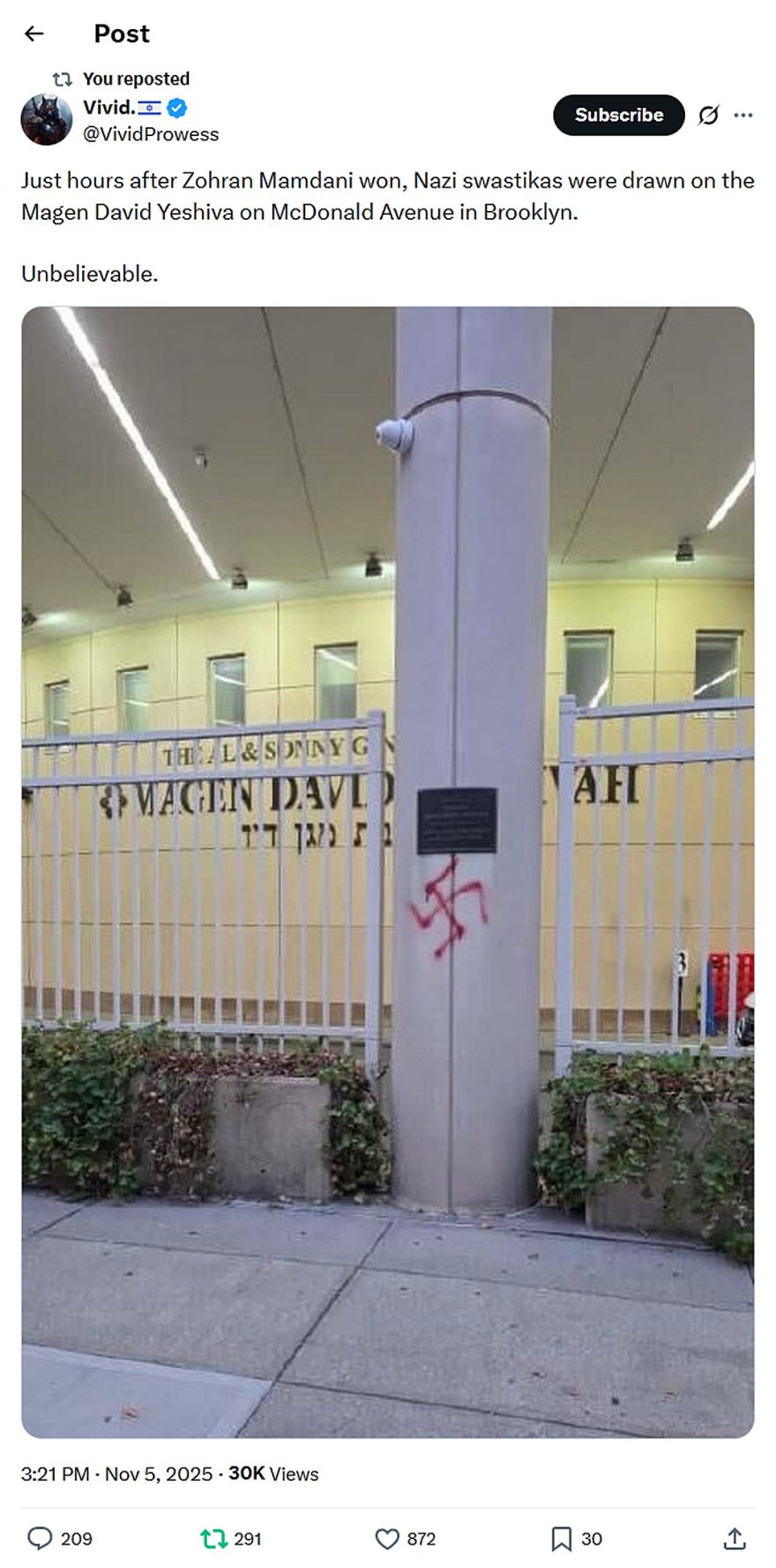 Vivid.-tweet-5November2025-Nazi swastikas on the Magen David Yeshiva