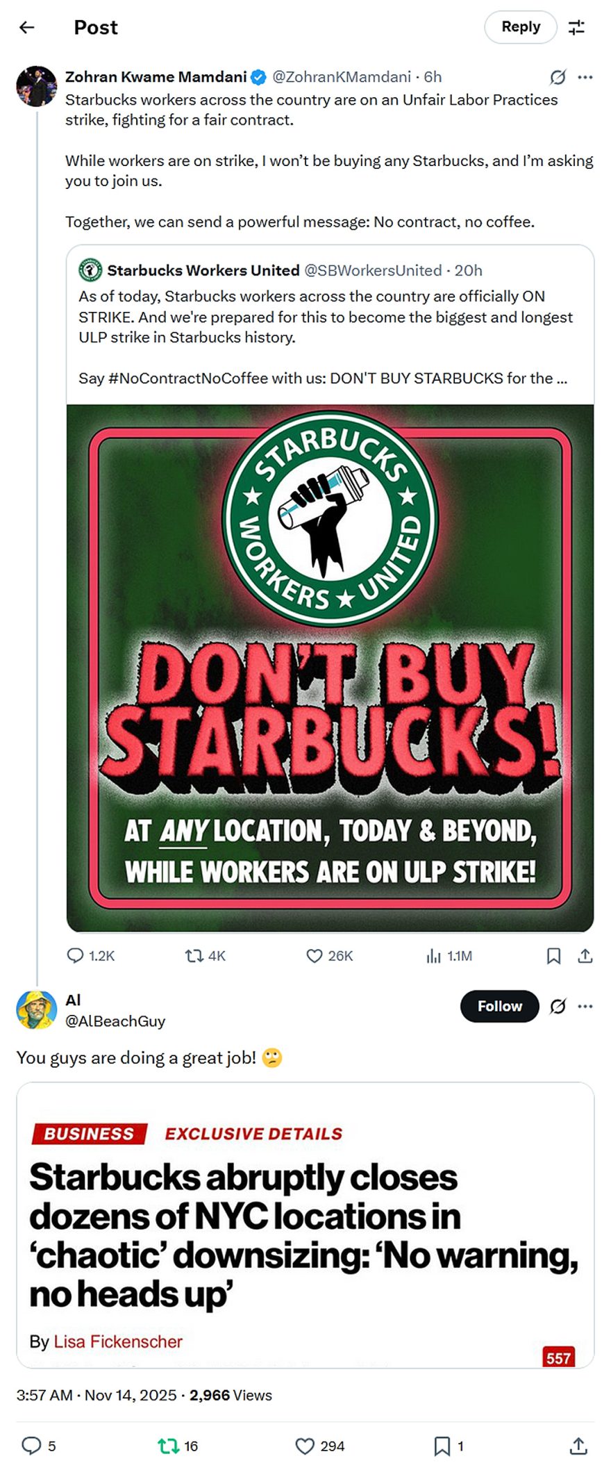 Zohran Kwame Mamdani-tweet-14November2025-No contract-no coffee