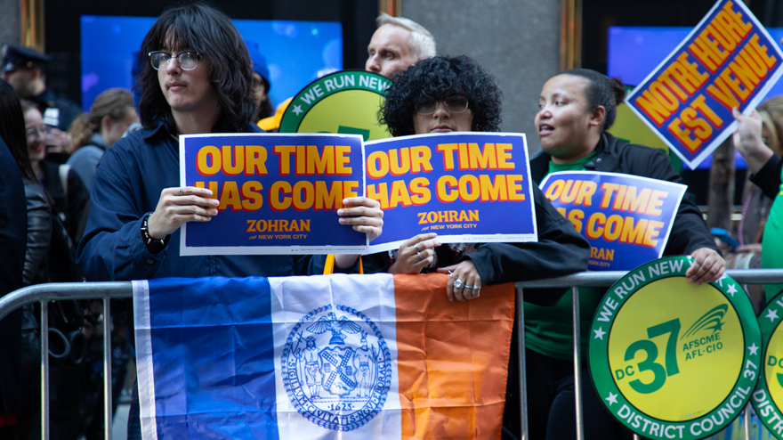 Democratic mayoral nominee Zohran Mamdani supporters gather outside 30 Rock in New York City on Thursday, Oct. 16, 2025. (Fox News Digital/Deirdre Heavey)