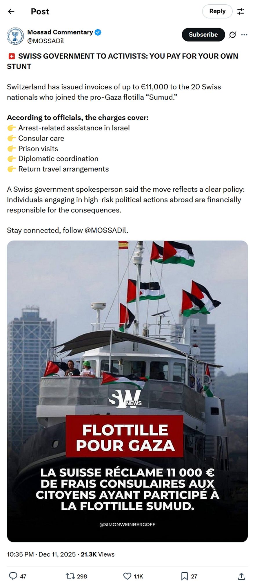 Mossad Commentary-tweet-11December2025-Gaza flotilla Consequences