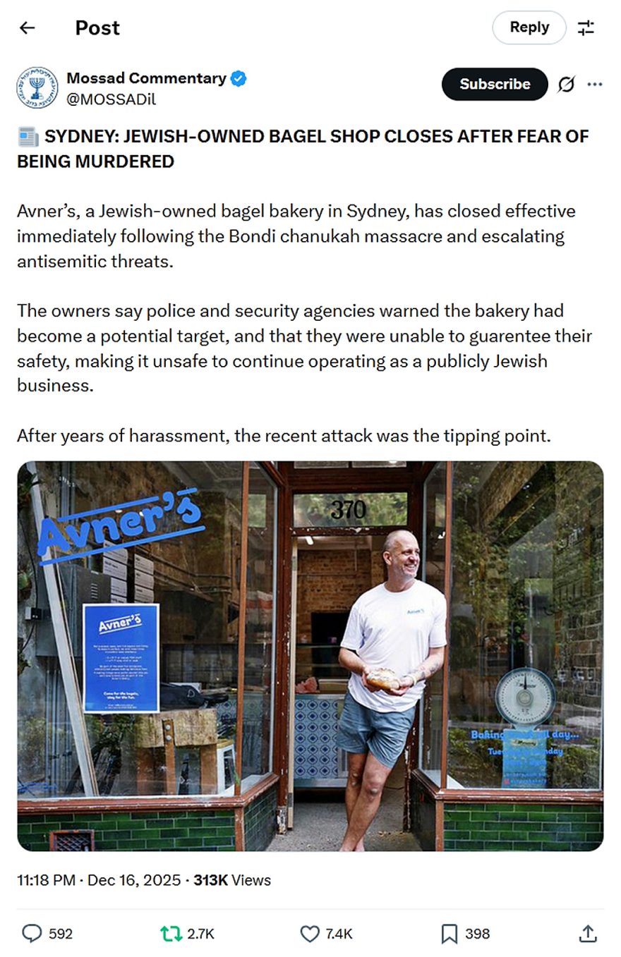 Mossad Commentary-tweet-16December2025-Jewish-owned bagel closed