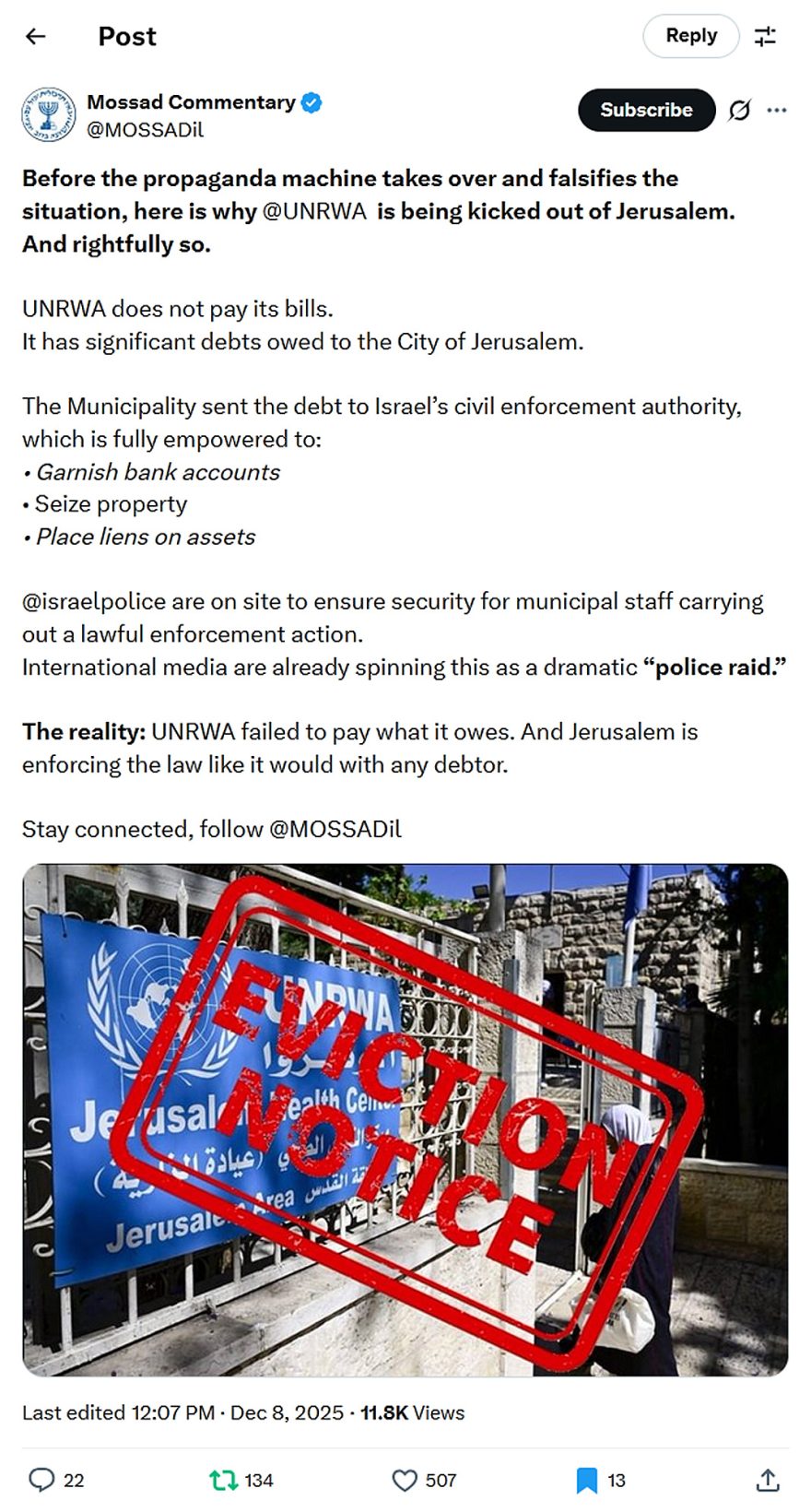 Mossad Commentary-tweet-8December2025-UNRWA has significant debts owed to the City of Jerusalem
