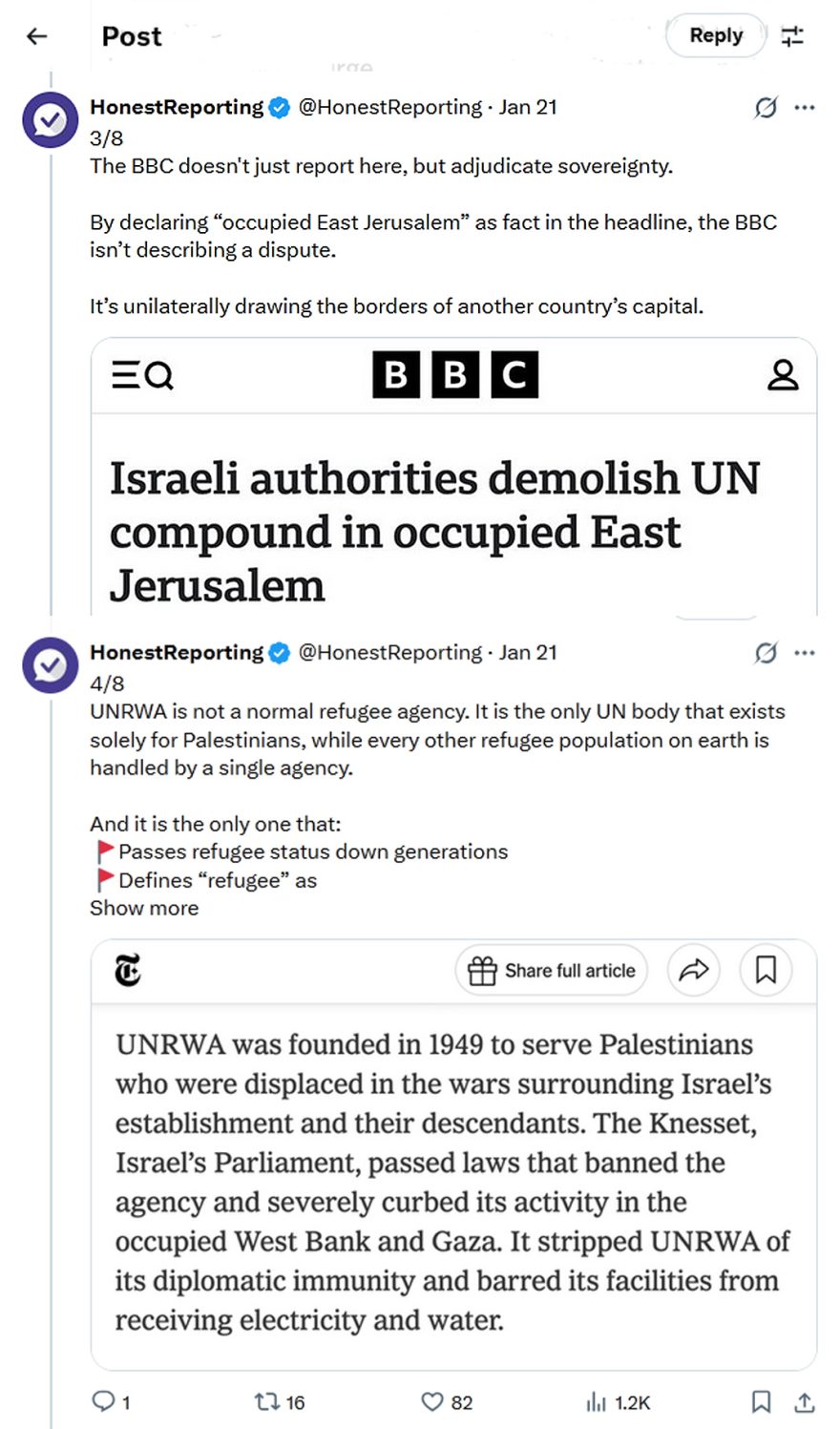 HonestReporting-tweet-21January2026-The media institutions protecting a failed UN agency-2