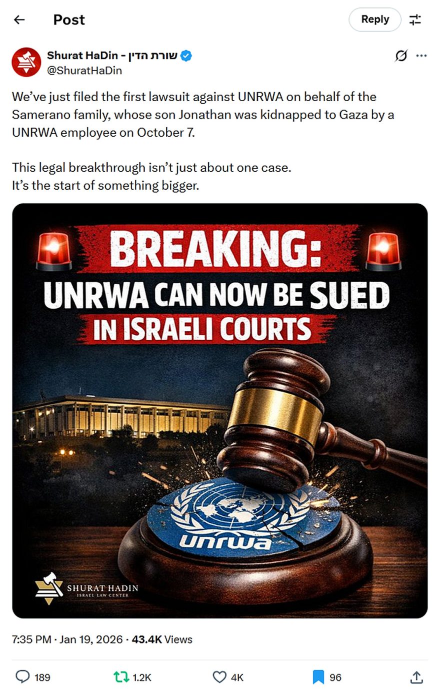 Shurat HaDin-tweet-19January2026-BREAKING UNRWA CAN NOW BE SUED IN ISRAELI COURTS
